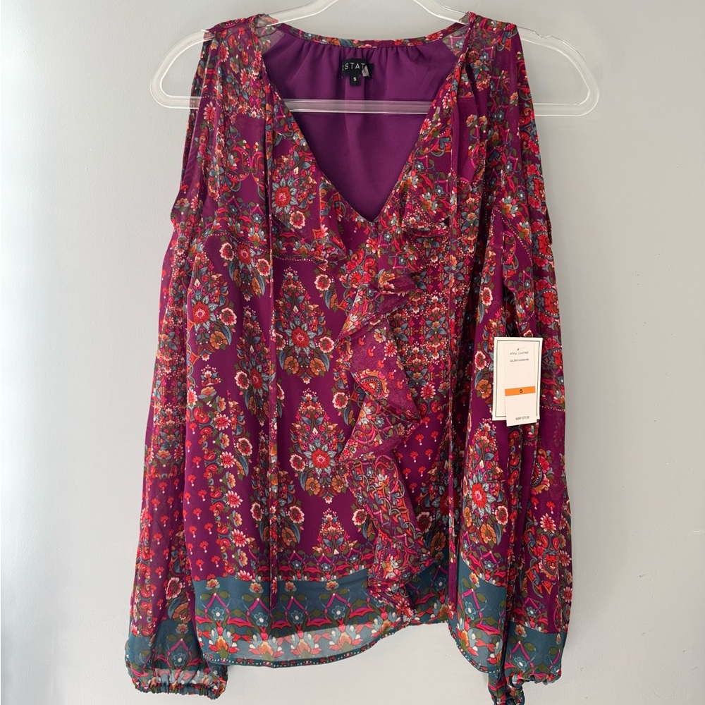 New 1.State Womens Size S Blouse Ruffle Cold Shoulder Top Tie Neck Floral Purple